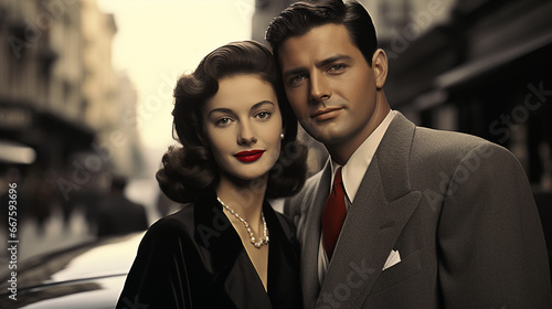 An elegant 1950s couple dressed in their finest attire, epitomizing the grace and sophistication of mid-century fashion