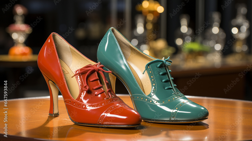 A pair of classic 1950s wingtip shoes and women's peep-toe heels, symbolizing the elegance and style of mid-century footwear A pair of classic 1950s wingtip shoes and women's peep-toe heels, symbolizing the elegance and style of mid-century footwear