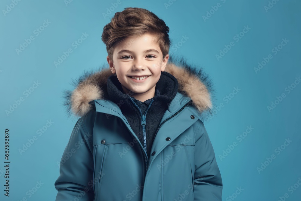 Smiling boy dressed in fashionable winter clothes. Happy child posing in warm jacket on blue background. Generate ai Smiling boy dressed in fashionable winter clothes. Happy child posing in warm jacket on blue background. Generate ai