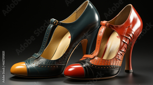 A pair of classic 1950s wingtip shoes and women's peep-toe heels, symbolizing the elegance and style of mid-century footwear