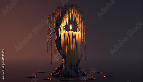A Dripping Melted Candle in a Shape of an Willow Tree Dark Themed Background Selective Focus photo