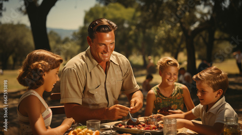 A snapshot of a 1950s summer picnic scene with families wearing their finest casual attire  celebrating the laid-back fashion of the time