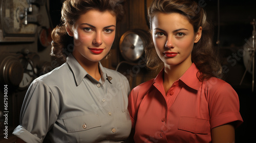 A glimpse into 1950s workwear fashion with images of mechanics, construction workers, and waitresses in their respective uniforms, portraying the professional style of the time