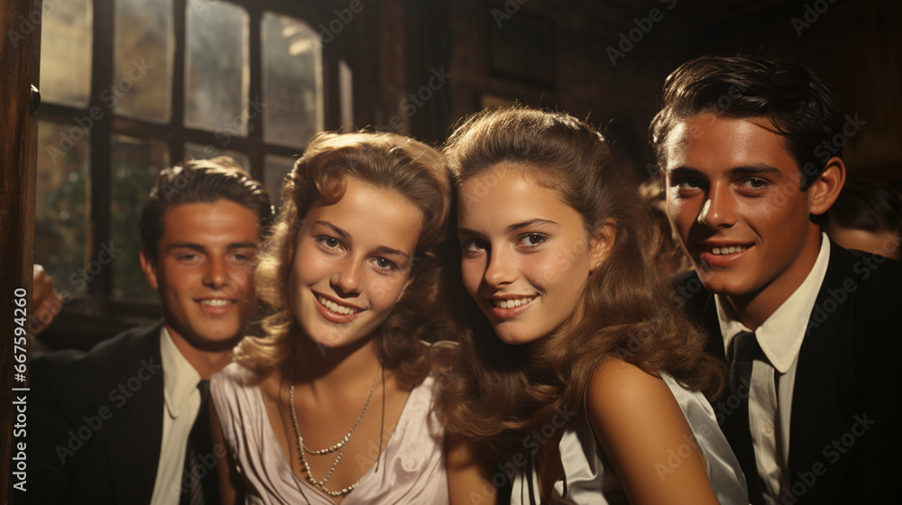 Obraz premium A snapshot of a 1950s school dance scene with teenagers in stylish dresses and suits, exuding the youthful energy and fashion of the time