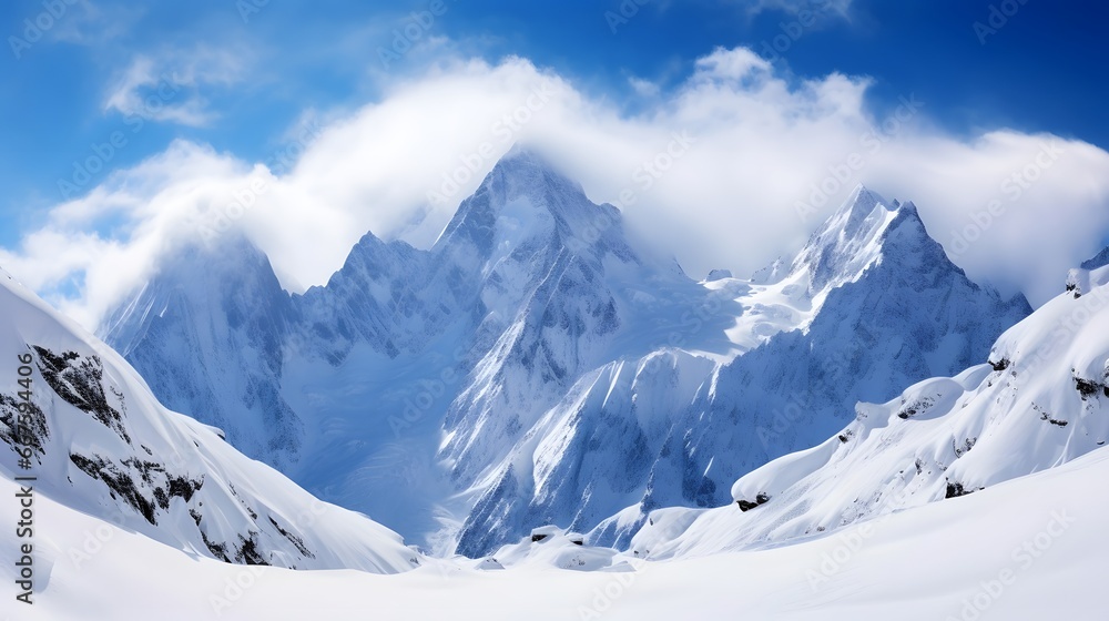 Panoramic view of snowy mountains in winter. Caucasus, Russia