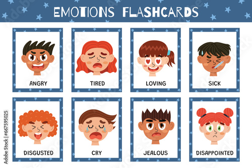 Emotions flashcards collection. Flash cards set with cute kids characters for practicing reading skills. Learn feelings vocabulary for school and preschool. Vector illustration