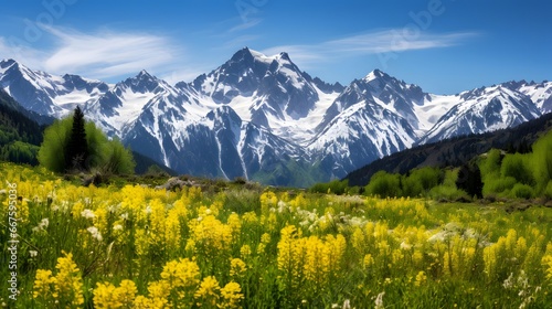 Panoramic view of Mount Cook, New Zealand with wildflowers