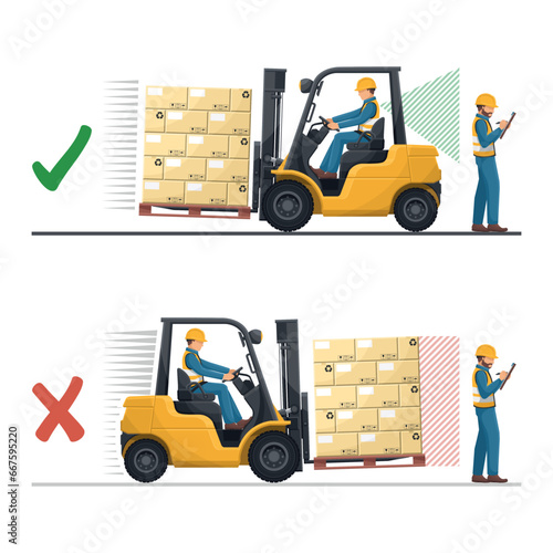 Drive in reverse if the load obstructs vision. Safety in handling a fork lift truck. Security First. Accident prevention at work. Industrial Safety and Occupational Health
