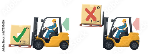 Do not drive with the forks raised or with a elevated load. Safety in handling a fork lift truck. Security First. Accident prevention at work. Industrial Safety and Occupational Health