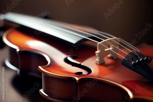Closeup photo of violin instrument. Orchestra wooden musical classical instrumental. Generate ai