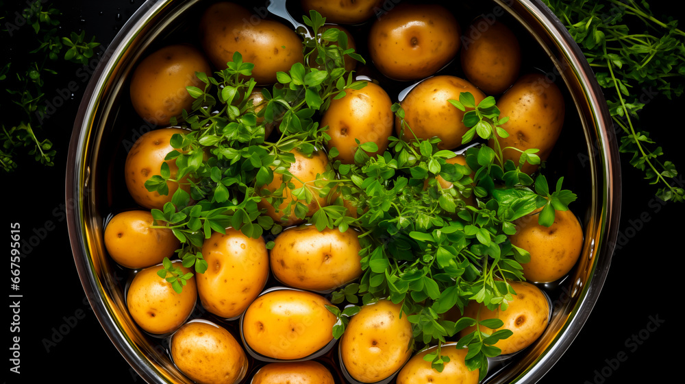 White Potatoes boiling in a pot with herbs. White Potatoes boiling in a pot with herbs.