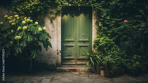 Fototapeta Naklejka Na Ścianę i Meble -  green door in a house close up