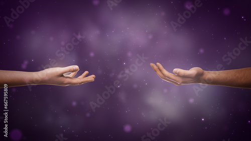 Esoteric Edit: Two Hands Are Reaching Towards Each Other On Mystical Dark Purple Background. People Connecting To Help In Magical Dreamlike Setting. Spirituality, Kindness, Friendship, Or Love Concept