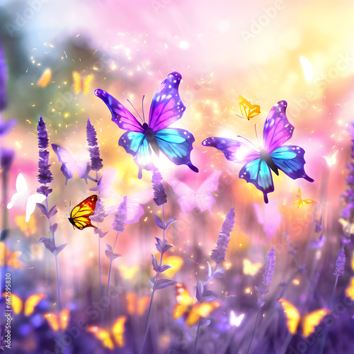 A sunny summer nature background sets the stage for a breathtaking display of beauty. Graceful butterflies flutter amidst a mesmerizing sea of lavender flowers, bathed in the golden hues of sunlight.