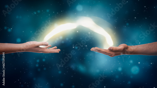 Photos Visualization Of Two Hands Exchanging Bright Yellow Stream Of Magical Energy On Dreamy Dark Blue Background
