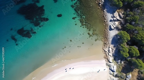Aerial view of a beautiful beach with turquoise water and white sand