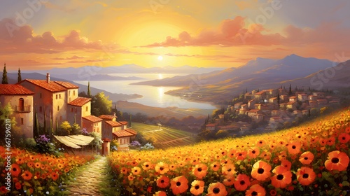 Panoramic landscape of Tuscany at sunset with sunflowers