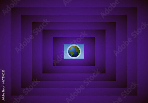 Fondo escalonado rectangular y el planeta Tierra al fondo. Ventana al mundo desde la perspectiva femenina