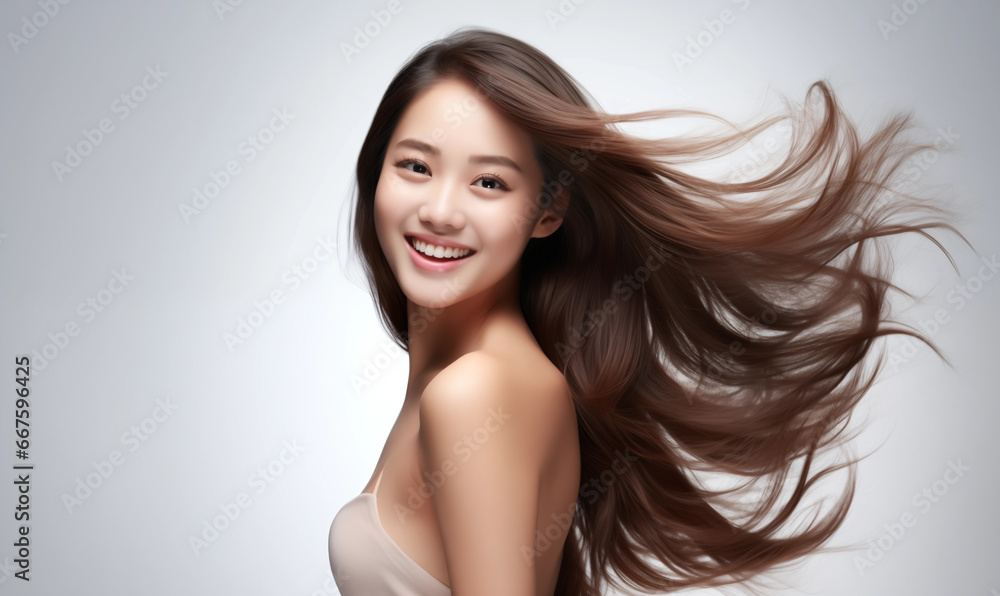 Fototapeta premium Portrait of a beautiful Asian woman with flowing black hair. Bright smile, shampoo advertising concept Hair conditioner and cosmetic products, Generation AI