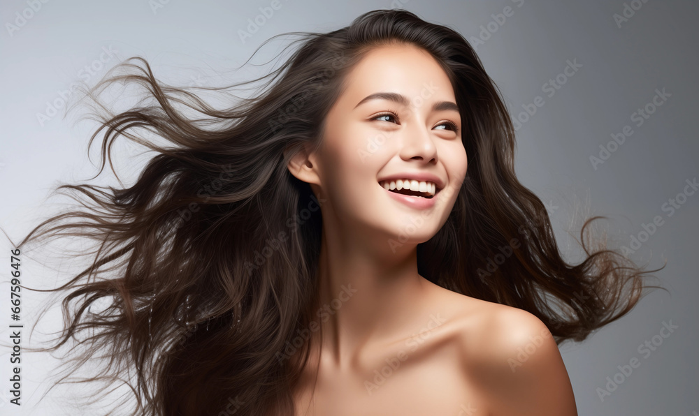 Portrait of a beautifu woman with flowing black hair. Bright smile, shampoo advertising concept Hair conditioner and cosmetic products, Generation AI Portrait of a beautifu woman with flowing black hair. Bright smile, shampoo advertising concept Hair conditioner and cosmetic products, Generation AI