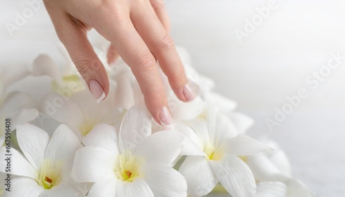 Delicate Beauty - Close-up of Woman s Hand and Flowers with Copyspace