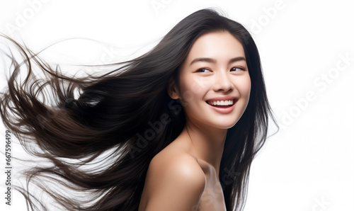 Portrait of a beautiful Asian woman with flowing black hair. Bright smile, shampoo advertising concept Hair conditioner and cosmetic products, Generation AI