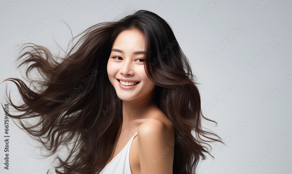 Portrait of a beautiful Asian woman with flowing black hair. Bright smile, shampoo advertising concept Hair conditioner and cosmetic products, Generation AI Portrait of a beautiful Asian woman with flowing black hair. Bright smile, shampoo advertising concept Hair conditioner and cosmetic products, Generation AI