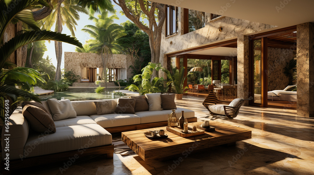 Interior Design of the House Over Looking the Courtyard with Palm Trees Style Background