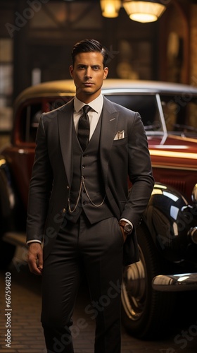 A model exuding confidence and refinement in a classic business suit, posed next to a beautifully restored vintage car, all against a dark and enigmatic setting © Abdul