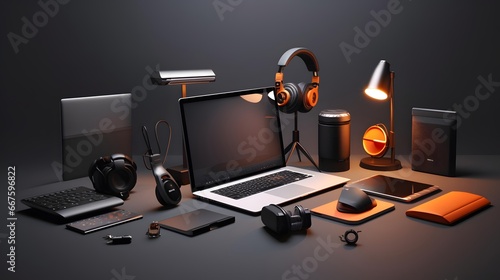 Laptop, tablet, phone, headphones and other equipment on black background