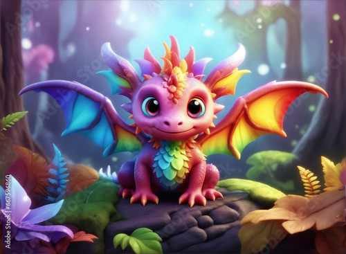 A charming 3D render of a colorful baby dragon in the form of an cute adorable and lovable fantasy cartoon character © asfianasir