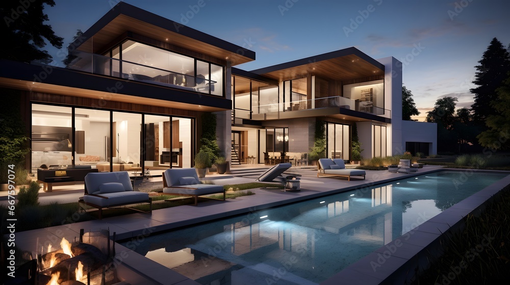 Modern cozy house with pool and parking for sale or rent. Luxury house with pool and parking for sale or rent. Clear summer night with many stars on the sky.