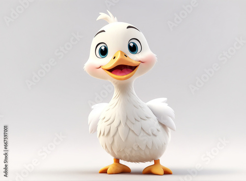 A charming 3D render of a baby white duck on white background in the form of an cute adorable and lovable cartoon character