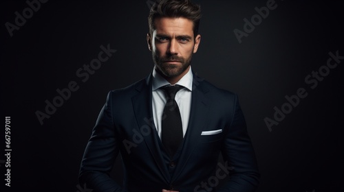 A sharply dressed model in a sleek business suit, standing confidently against a deep, dark background, creating a striking and professional image