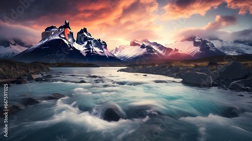 Beautiful panoramic landscape with a mountain lake and a glacier