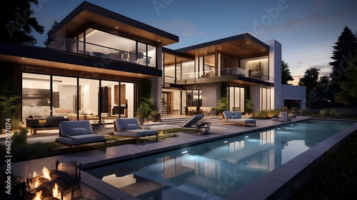 Modern cozy house with pool and parking for sale or rent. Luxury house with pool and parking for sale or rent. Clear summer night with many stars on the sky. © Michelle