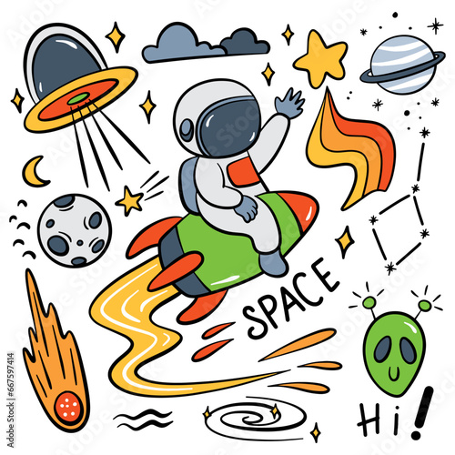 hand drawn space and astronaut cartoon doodle illustration