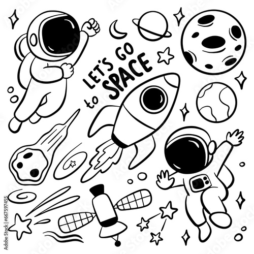 hand drawn space and astronaut cartoon doodle illustration
