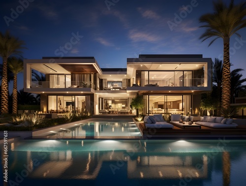 Luxury house with swimming pool at night. 3d rendering © Michelle