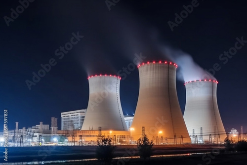 Nuclear power plant complex at industrial district with two cooling towers at night generative ai