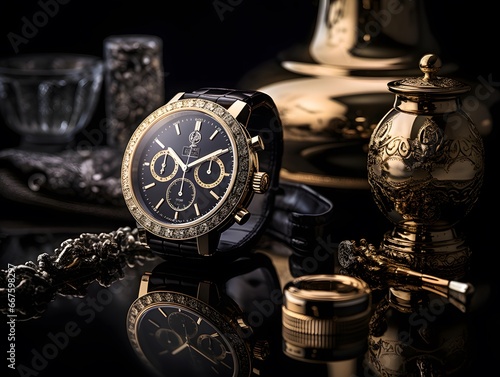 Close up of luxury wristwatch on black background. Time concept.