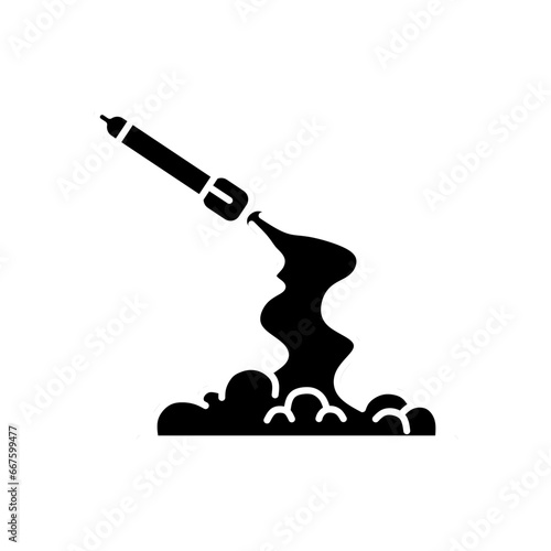 Launched missile with smoke and dust clouds in black fill silhouette icon. War design element template vector illustration in trendy style. Editable graphic resources for many purposes.