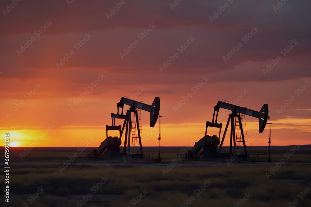 Oil pumps mined oil and gas at sunset generative ai