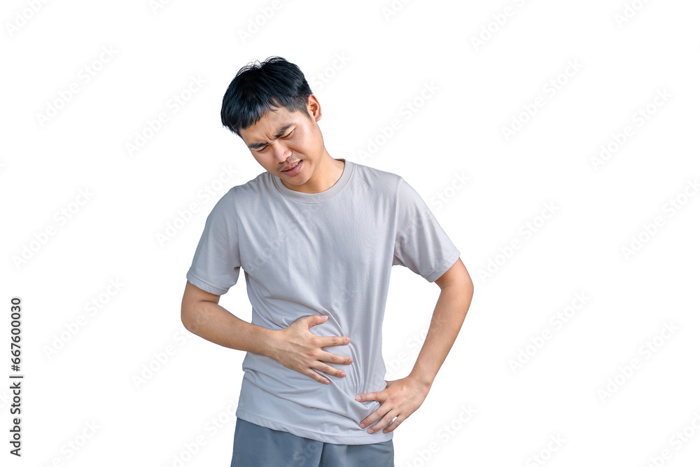 Unhappy young Asian man holding his stomach Abdominal pain from indigestion and nausea Caused by an ulcer in the duodenum..Acid reflux. Painful expression. Suffering. Health concept. Unhappy young Asian man holding his stomach Abdominal pain from indigestion and nausea Caused by an ulcer in the duodenum..Acid reflux. Painful expression. Suffering. Health concept.