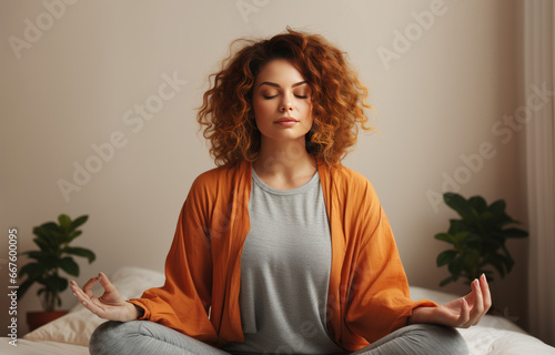 A woman is practicing pranayama in the lotus position on a bed, performing breathing exercises to alleviate stress and anxiety and attain inner balance and harmony through mindfulness and meditation.
