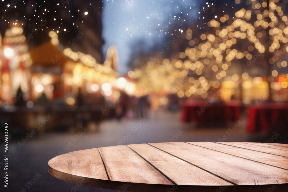 Empty wooden table and blurred background of Christmas market.