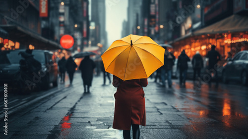 A Woman is holding a yellow umbrella and walking on a city street. Rainy weather. Bokeh background with pedestrians and city lights.