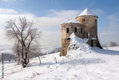 Old and forgotten medieval castle and cold winter landscape covered under snow generative ai