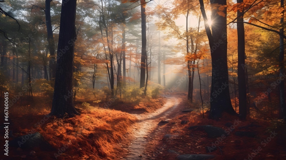 Autumn forest. Panoramic image of a forest path.