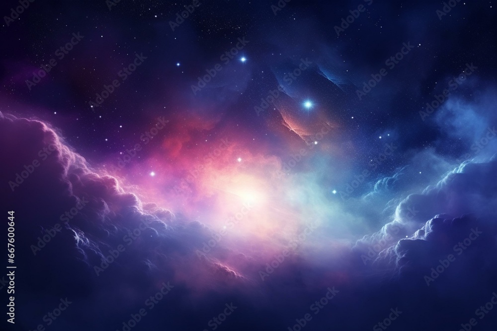 Beautiful celestial scene with shining nebula and stars, forming a captivating futuristic artwork filled with sparkling stardust clouds. Generative AI